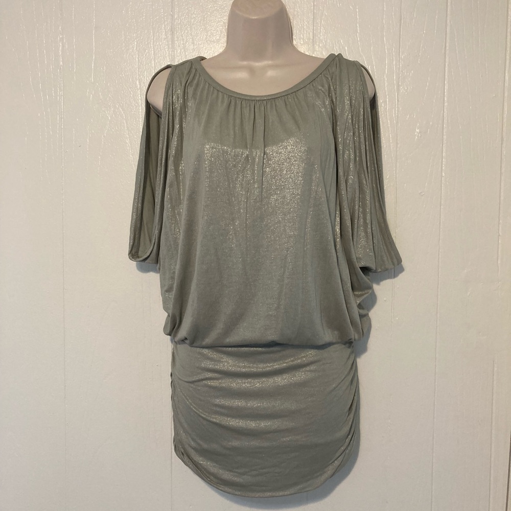 New York & co metallic greengray cold shoulder dress XS
